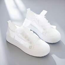 Women's Summer Mesh Casual Sneakers Lace-Up White Flat Shoes, Casual White Fashion Shoes - White - View 4