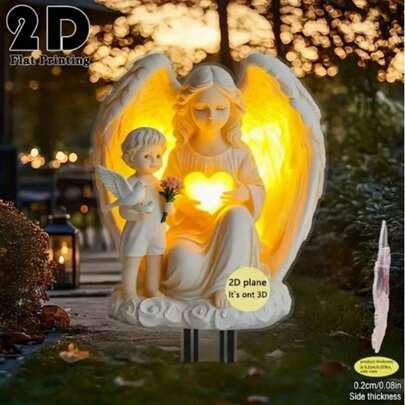 2D平面和平天使，永恒之光，花园装饰 - 耐用塑料材质，室内/室外皆宜，波西米亚风格天使印花，适用于草坪、墓地、感恩节、独特的庭院和盆栽植物装饰，是纪念礼物和园艺的完美之选，无需用电，耐候性强，易于安装，庭院、草坪和花园装饰……精美礼物