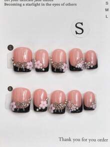 10片装Y2K坏女孩法式美甲短方形粉色花朵假指甲，可爱女孩独立风黑色金属蝴蝶结装饰按压式指甲，高端日常佩戴美甲贴片，女士美甲用品 - 彩色 - 查看 1