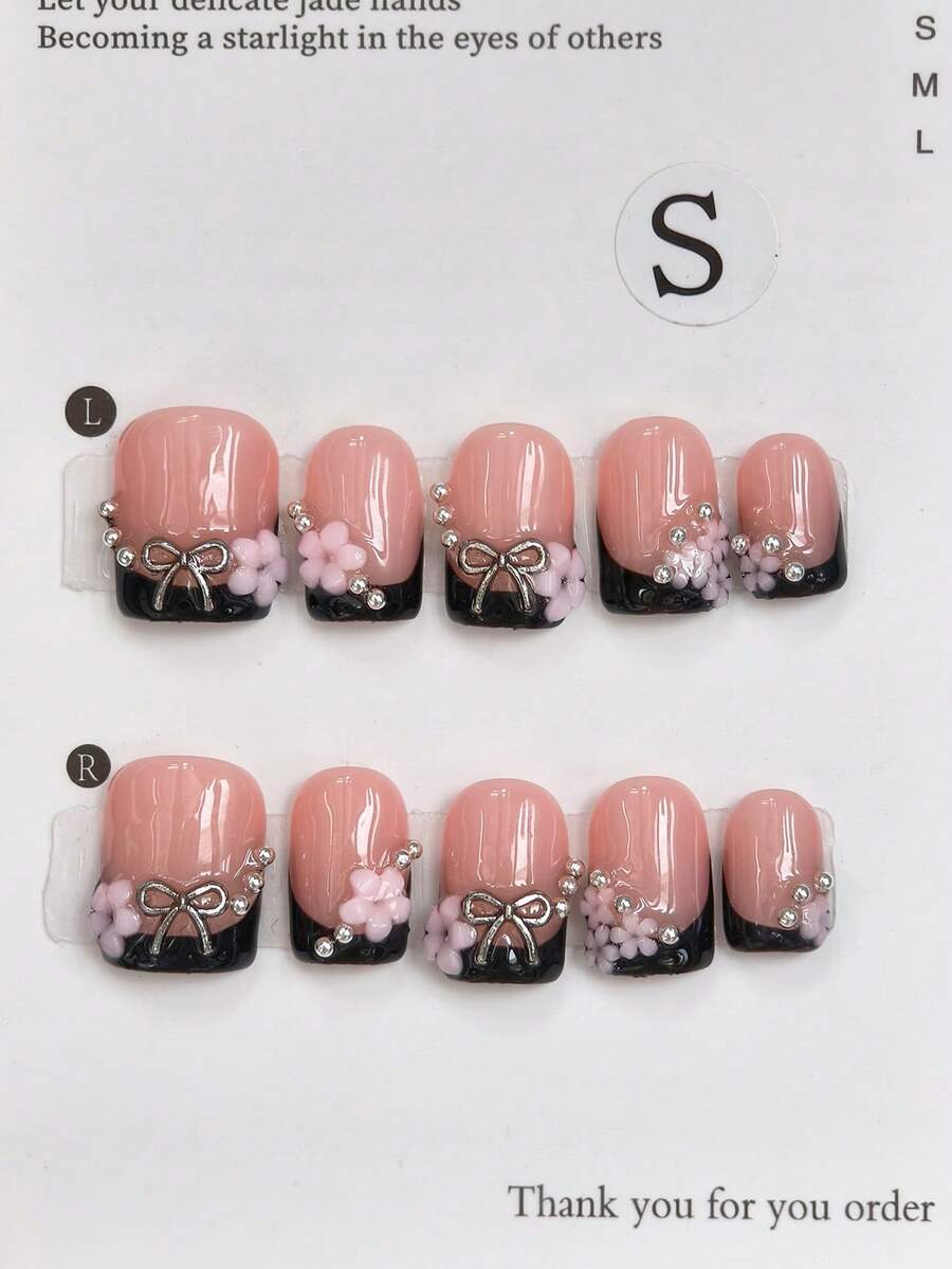 10片装Y2K坏女孩法式美甲短方形粉色花朵假指甲，可爱女孩独立风黑色金属蝴蝶结装饰按压式指甲，高端日常佩戴美甲贴片，女士美甲用品 - 彩色 - 查看 1