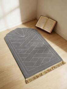 1 pieza Elegante alfombra de oración con estampado floral - Material de franela suave, lavable a máquina, alfombra rectangular cómoda con acentos dorados, diseño de mezquita para uso en interiores, terciopelo con borlas a rayas grises - Gris - Ver 4