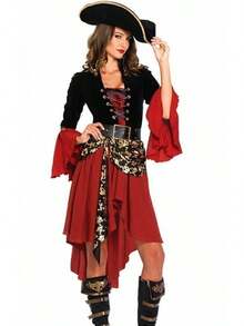 Damen Cosplay Kostüm Rot Karneval Hut Paket Piratenkostüm Kleid  Karneval Geschenke - Rot - Übersicht 1