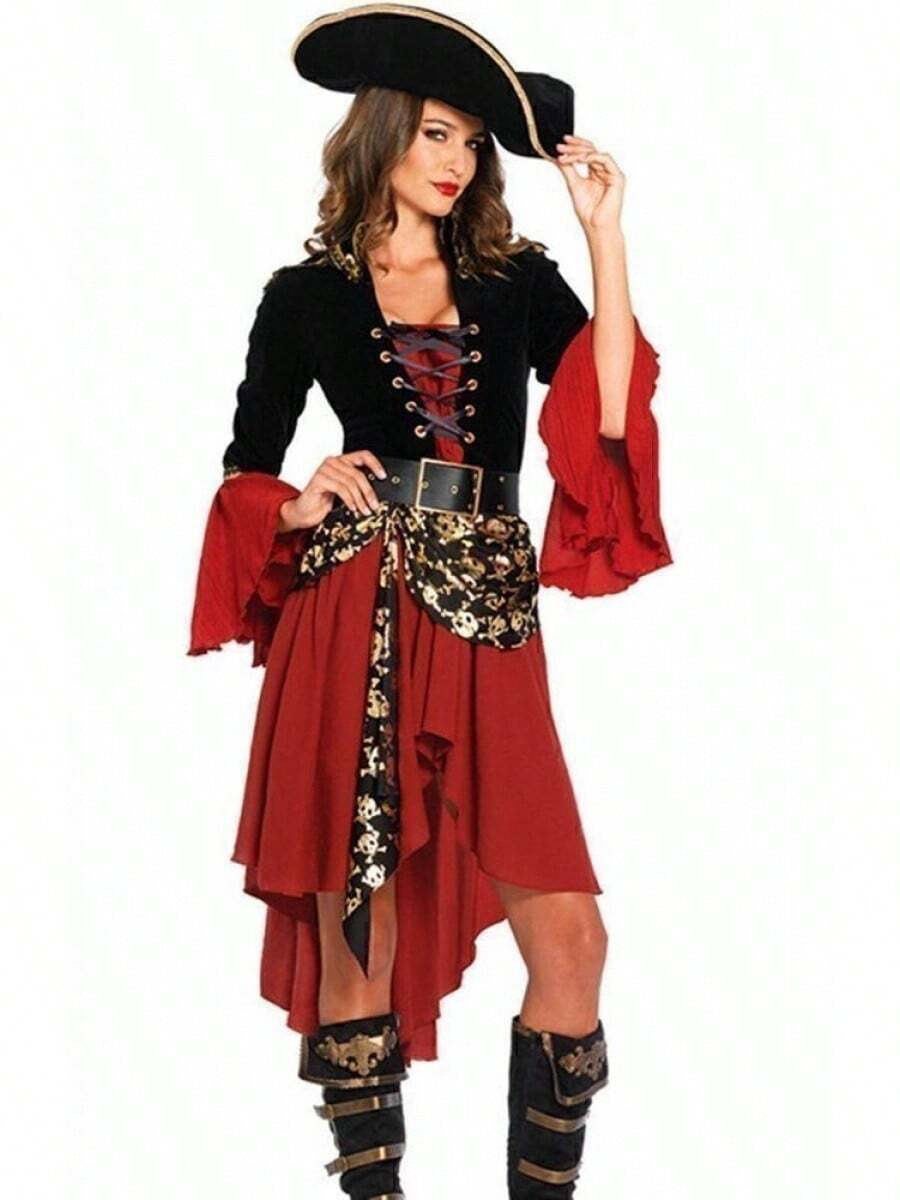 Damen Cosplay Kostüm Rot Karneval Hut Paket Piratenkostüm Kleid  Karneval Geschenke - Rot - Übersicht 1
