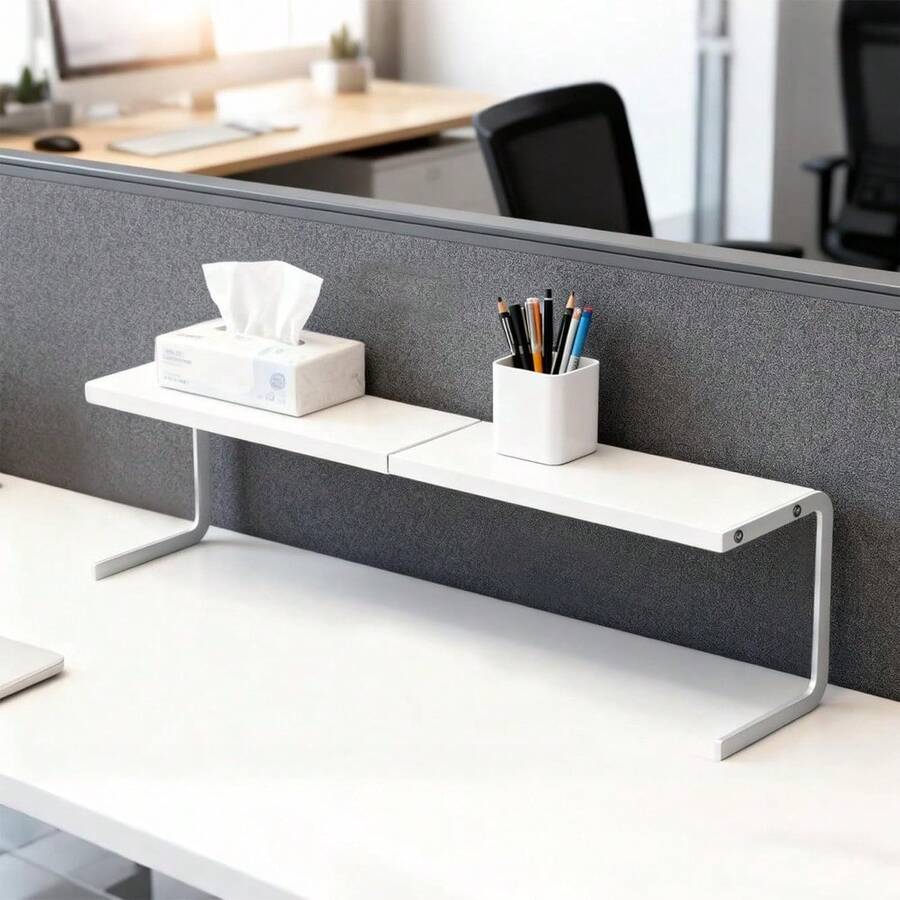 Adjustable Metal Desk Organizer Carbon Steel Office Shelf, Narrow Ultra-Thin Multi-Layered Tabletop Rack - White - View 1