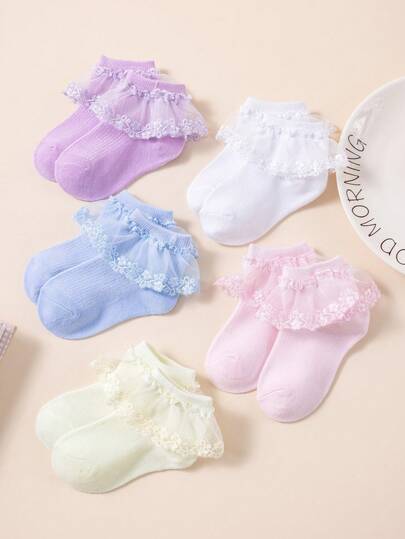 5/1 Pair Girls/Kids Solid Color Princess Socks, Versatile Soft Breathable Fine Dance Socks, Cute Sweet Comfortable Skin-Friendly Lace Trim Ankle Socks, Suitable For Dance Performances, School Activities, Birthday Parties, Daily Matching, Spring/Summer