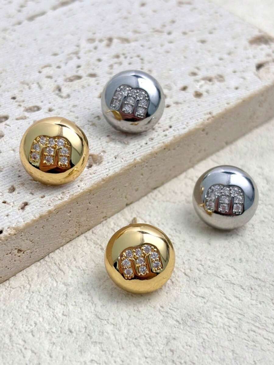2pcs Minimalist Luxury Copper Zirconia Stone Stud Earrings, M Letter High-End Classic Earrings - M Letter Earrings - View 1