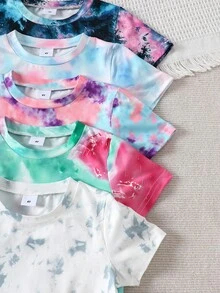 Bộ 10 món áo thun ngắn tay và quần short dệt kim mềm mại, thoải mái, in họa tiết nhuộm tie-dye cho bé gái, thích hợp mặc ngoài trời, mùa xuân/hè. - Nhiều màu - Xem 4