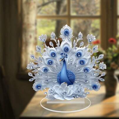 1pc 2D Acrylic Peacock Tail Desk Decor, Blue & White, Animal Series Tabletop Ornament For Home, Living Room, Office, Gift