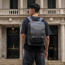 Leather Backpack Fits 15.6 Inch Laptop Vintage Backpack Waterproof Flap Bookbag For Men Leather Travel Backpack For Men Casual Knapsack Black - 黑2 - 查看 7
