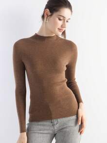 2026春夏女士美利奴羊毛混纺毛衣，休闲百搭，保暖柔软圆领长袖针织套头衫 - 棕色 - 查看 4