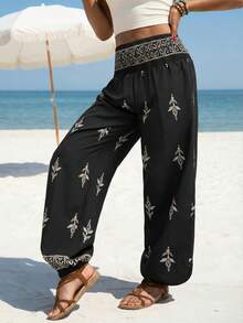 女士高腰褶皱印花裤，波西米亚宽松沙滩裤，休闲度假无弹力阔腿裤（JH25164） - 黑色 - 查看 5