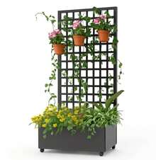 Jardinera elevada de metal con enrejado y ruedas, jardinera para plantas trepadoras y hortalizas, con enrejado cuadrado, orificios de drenaje y mampara de privacidad, para jardín y patio. - Negro - Ver 2