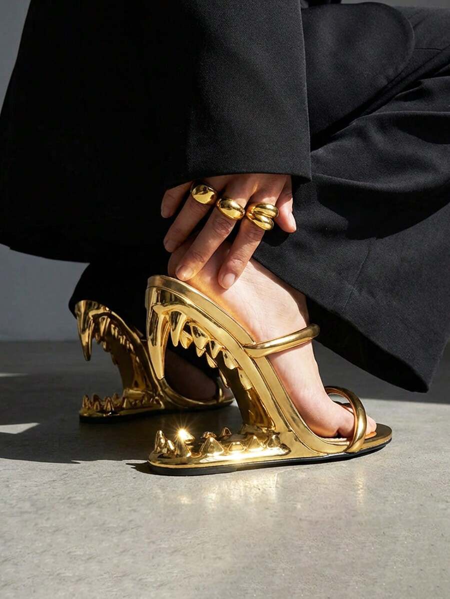 Wedge Heel Sandals For Women Open Round Toe Slip On Strap Sandals Shark Teeth Shaped Heel Shoes Party Dress Metallic High Heels - 金色 - 查看 1