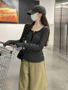 Contrast Striped Button Collar Slim Fit Versatile Long Sleeve T-Shirt Top For Women Casual - Grey Stripes - View 11
