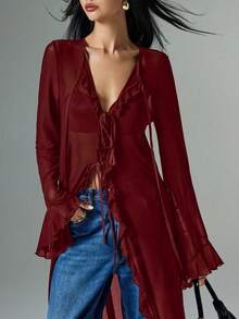 2026 Women's Tie Front Ruffle Sheer Blouse Long Bell Sleeve Going Out Casual Tops Flare Sleeve Front Tie Long Fashion Shirt - 紅色 - 查看 7