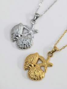 1件装不锈钢防水链度假风海洋系列吊坠项链金色海星贝壳项链女士日常佩戴 - Necklace - 查看 3