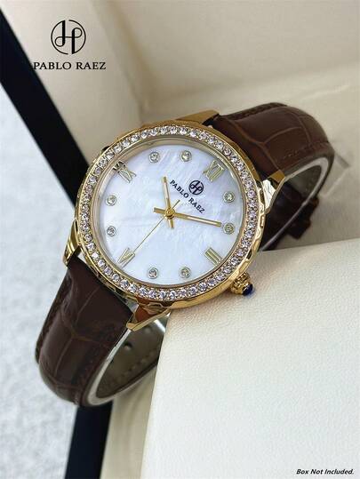  Pablo Raez 1件装 18K金镶钻女士奢华腕表 不锈钢水晶表盘 全新经典水钻优雅高档AAA时尚原创迷人设计 柔软皮革表壳 表盘华丽设计