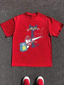 Cotton T-Shirt Boys & Teenagers Students Casual Print Round Neck Short Sleeve T-Shirt, Summer Top - Đỏ - Xem 2