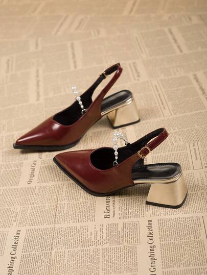 Elegant Pointed Toe Peep Toe Pearl Decor Women's High Heel Sandals, Summer Versatile One-Strap Thick Heel Red Women's High Heels, Suitable For Daily Commute, Office, Business, Party, Wedding, Nightclub