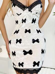 Velvet Bow Slip Dress, V-Neck Lace Nightgown, Women's Spring/Summer/Autumn Sleepwear - White - View 5