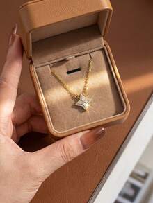 1pc Sparkling Zirconia Studded Star Pendant Necklace, Luxurious Neck Ornament - Four-pointed Star  Necklace - View 3