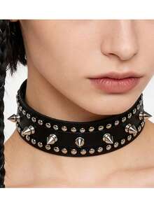 Gothic Punk PU Leather Collar With Spikes, Adjustable Rivet Choker, Suitable For Daily Wear And Party Occasions - Black - View 3