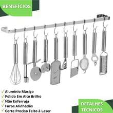Porta Utensílios E Talheres Cromado 15 Ganchos 80cm UN - Prateado - Visão 5
