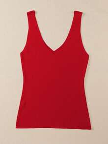 Acelitt Áo tank top nữ màu trơn, không tay, cổ chữ V, chất liệu len, kiểu dáng hở lưng thời trang, màu đỏ mùa hè. - Đỏ - Xem 5