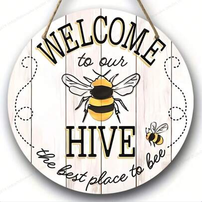 1pc, Bee Welcome Sign, Round Plaque Decor, Hanging Wooden Plaque, Wooden Sign, Wooden Tag, Wall Decor, Room Decor, Home Decor, Restaurant Decor, Bar Decor, Cafe Decor