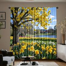 Spring Floral Landscape Curtains Vibrant Yellow Daffodils & Blooming Trees Design Light Filtering Rod Pocket Style For Bedroom & Living Spaces Decorative Window  Room Accent 2PC 2D Flat Window Curtains&Drapes 42*84in/52*84in Rod Pocket Design Rod Not Included Bright Daffodil Pattern Adds Cheerful Spring Vibe To Any Room - 2PC - 查看 5