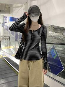 Contrast Striped Button Collar Slim Fit Versatile Long Sleeve T-Shirt Top For Women Casual - Grey Stripes - View 8