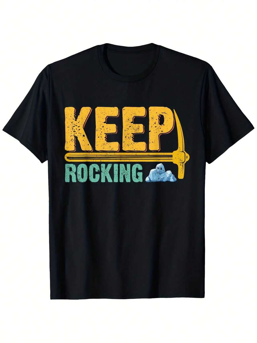 Camiseta de geología para hombre: diseño gráfico "Keep Rocking" con pico y roca. Camiseta informal suave, transpirable, de manga corta, para geólogos, entusiastas de la minería y coleccionistas de rocas (tallas S-XXX). - Negro 26 - Ver 1