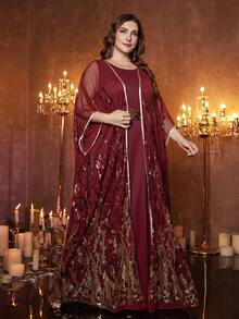 SUPGIR Đầm Abaya dài tay bằng vải lưới cỡ lớn dành cho nữ, kèm thắt lưng đính sequin, thích hợp cho mùa xuân. - Màu Đỏ Sâu - Xem 1