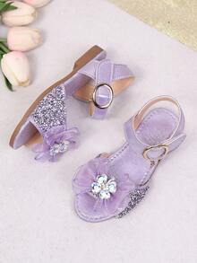 2026 New Girls' Mesh Flower Rhinestone Sequin Non-Slip Open Toe Flat Sandals, Suitable For National Day Travel/Halloween Costume Change/Christmas Family Activities - Purple - View 5