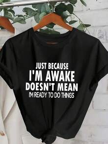 Plus Size Women "I'm Awake But Not Ready To Adult" Casual Round Neck Short Sleeve T-Shirt, Suitable For Spring, Summer, Autumn, Valentine's Day/Back To School Season - Black - View 5