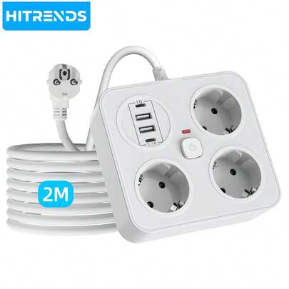  HITRENDS [7-In-1 Smart Fast Charging] With Phone Stand Socket Board, 3AC + 4USB (2Type-C) - One-Click Control, Wall-Mounted For Space Saving, 45° Inclined Power Strip, European Standard, Anti-Contact/Overload Protection, Supports Fast Charging For 4 Devices Simultaneously. Wall-Mounted/Desk-Use Dual-Purpose Extension Socket. Essential For Home Office.