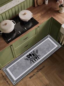 1 件硅胶厨房地垫，灰色水泥底色，饰有黑色厨具轮廓和“KITCHEN”字样图案，黑白编织纹理包边，现代简约厨房主题 - 彩色 - 查看 17