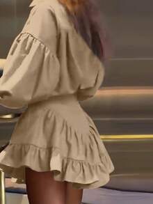 Women's Elegant Ruffle Hem Mini Skirt 2 Pieces Set, Solid Color, Elegant Spring - Khaki - View 3