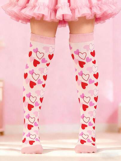 1 Pair Girls' Heart Pattern Over-The-Knee Socks, Cute Princess Style Long Socks, Summer Valentine's Day Gift, Birthday Gift, Interesting Aesthetic Socks For Girls