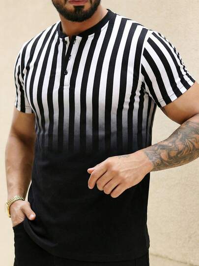 Men's Fashion Casual Henley Neck Black & White Gradient Striped Slim Fit Short Sleeve T-Shirt