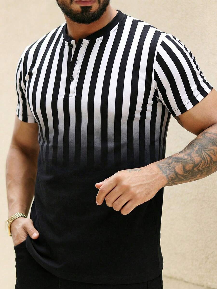 男士时尚休闲亨利领黑白渐变条纹修身短袖T恤 - 黑色 - 查看 1