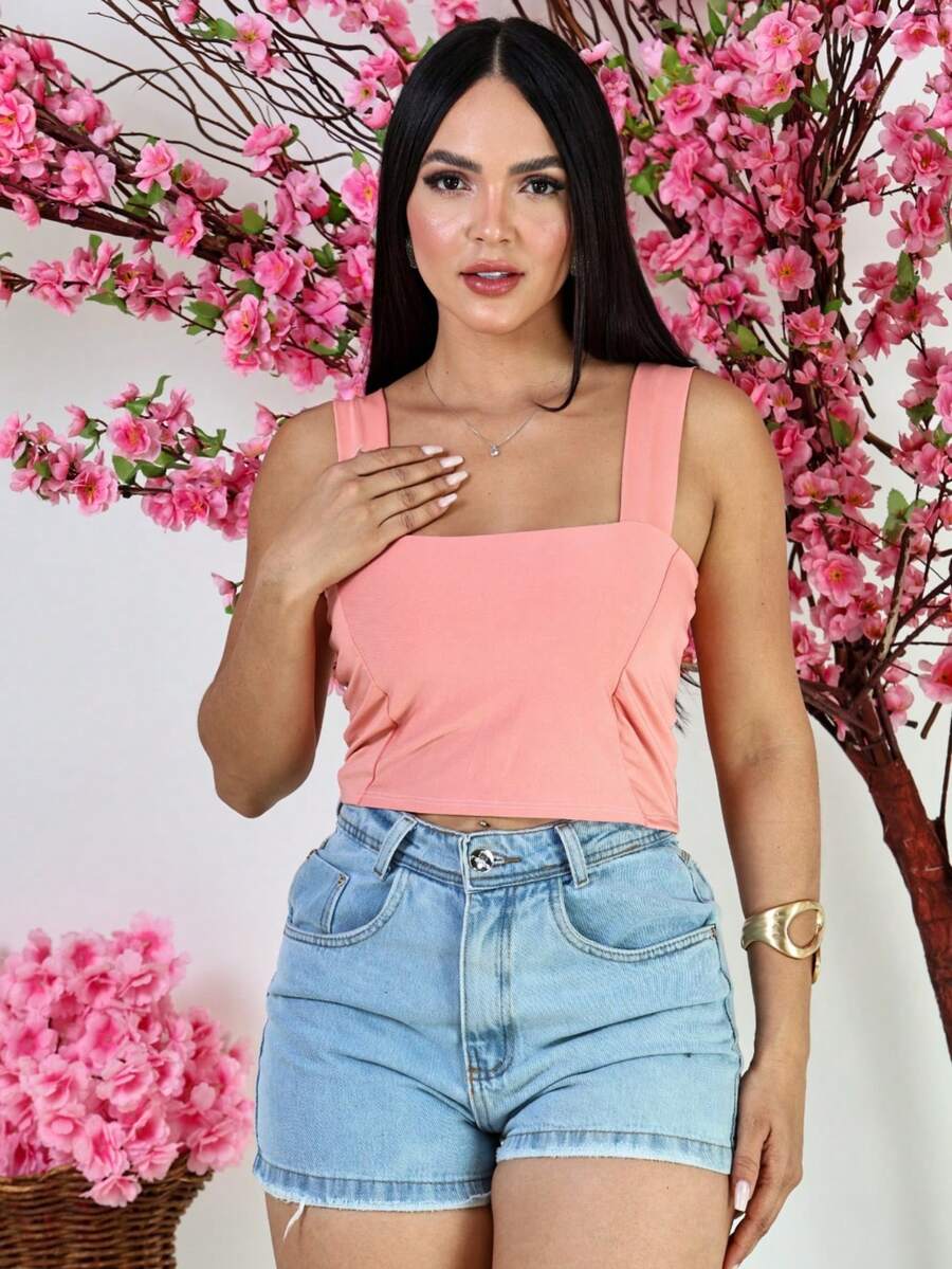 Cropped Suplex Alça Larga com Forro Duplo Decote Quadrado | Moda Gringa Verão - Rosa Bebê - Visão 1
