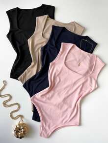 Kit 4 Basic Bodysuits Square Neckline Wide Straps Versatile Shapewear Casual Suplex Basic Gringa Blogger Fashion - PINK-nAVY BLUE-bEIGE-bLACK - View 1