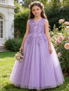 少女蕾丝优雅伴娘礼服，浅紫色婚礼公主裙，舞会礼服，选美礼服（青少年），毕业典礼，复活节 - 紫色 - 查看 3