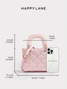 HAPPY LANE Pink Rhombus Handbag, Delicate Quilted Texture, Gold Rivet Accents, Curved Handle With Metal Clasp, Adjustable Shoulder Strap, Soft & Feminine Style Women Bag - Pink - View 2
