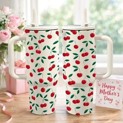 1个40盎司（约1280毫升）不锈钢保温杯，带盖和吸管，真空隔热，保温12小时，保冷24小时。大容量，带提手。多种款式可选：狗狗爱心、樱桃和格子图案。是情人节、母亲节和圣诞节的完美节日礼物。适合居家、办公、车载和旅行使用。