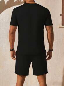 男士夏季短袖T恤短裤套装，个性拼接撞色时尚休闲装，带口袋，抽绳腰带裤子，两件套，适合通勤、街头穿搭，送给老公、男友的礼物 - 彩色 - 查看 2