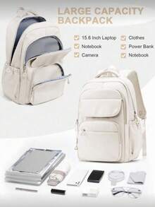 新款背包，笔记本电脑背包，适用于 14-15.6 英寸笔记本电脑，男女通用，轻便耐用，防水设计 - 米色 - 查看 4