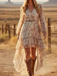 Women's Vintage Blue Ruffle Hem Dress - Long Sleeves V-Neck, Asymmetrical Detailing, Bohemian Dress Casual To Dressy, Bohemian Style, Bohemian Dress |   Vintage Style Dress, Women's Evening Maxi Dress For Party, Dance, Concert, Holiday, Fashionable And Elegant Western Style - 白色 - 查看 2