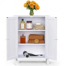 Wooden Cabinet 3 Shelves Double Door Bathroom Storage Floor Organizer White - 白色 - 查看 8